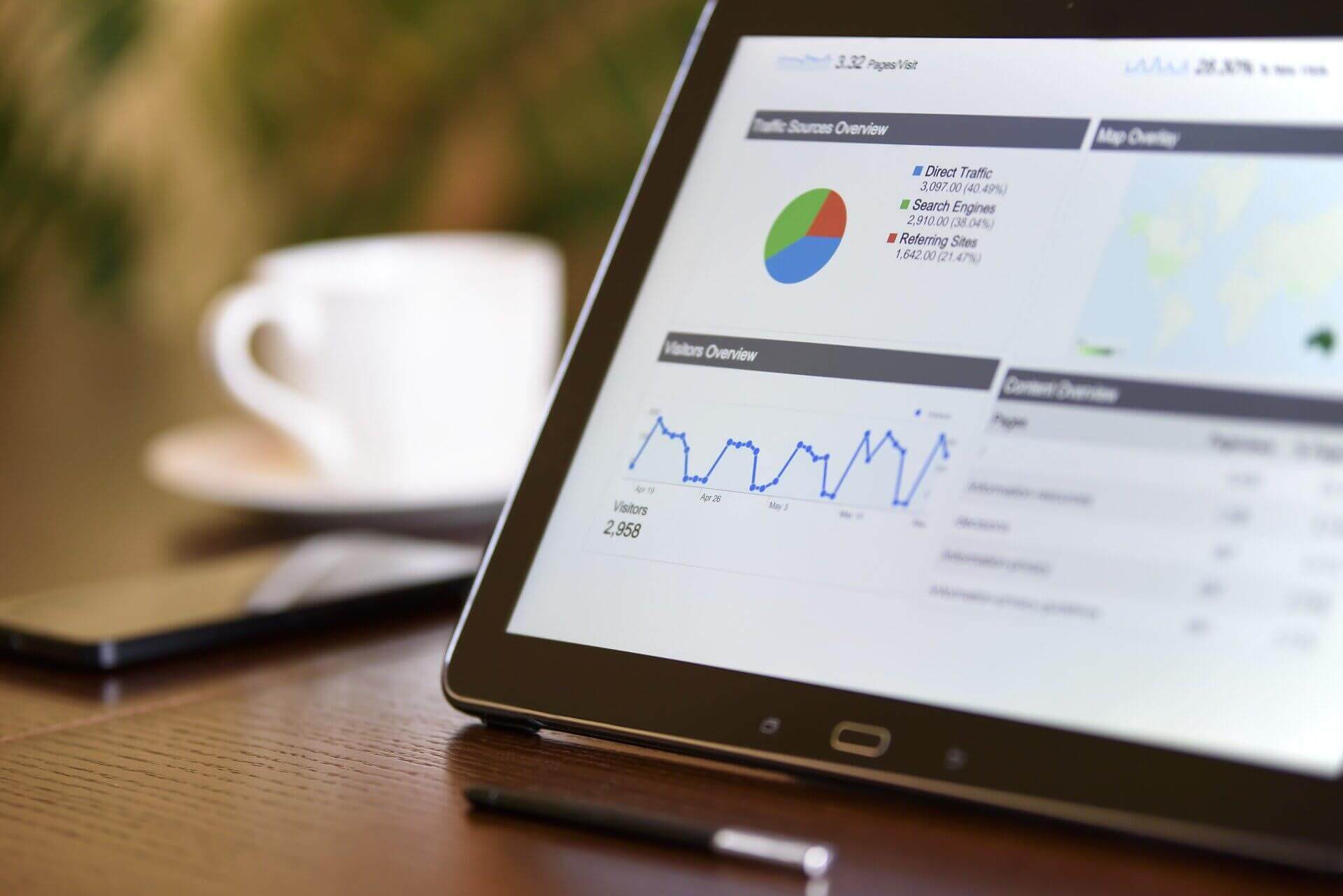 Tablet met marketingdashboard, grafieken en statistieken op houten bureau