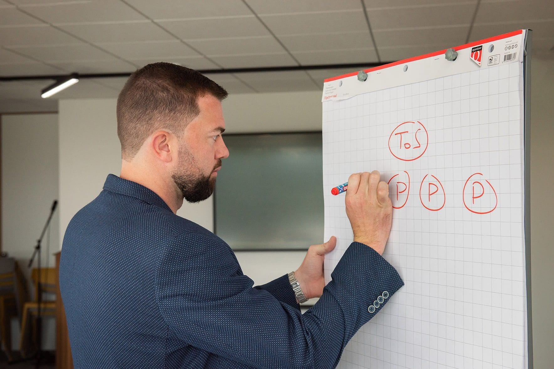 Zakelijke professional die op een flipchart schrijft in een moderne vergaderruimte tijdens een presentatie of workshop | Varamedia
