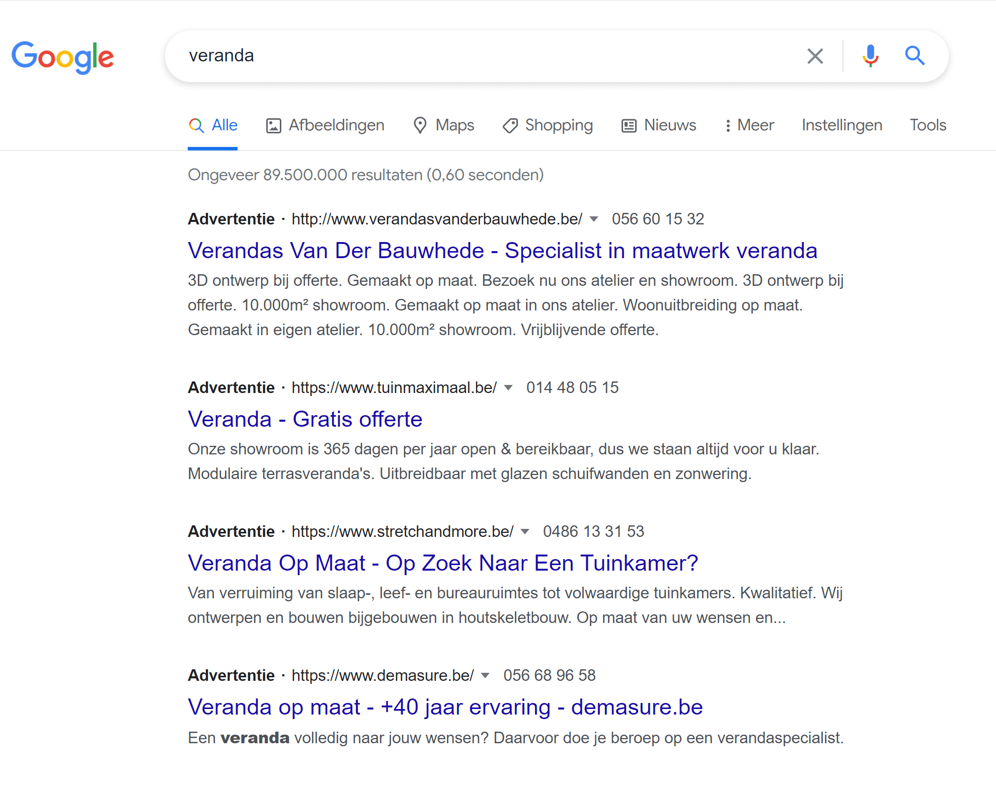 Google Ads op het zoekwoord veranda