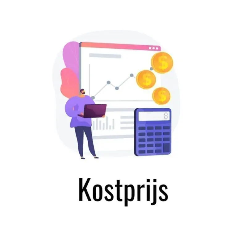 Man met laptop voor grafiek, munten en rekenmachine met tekst Kostprijs