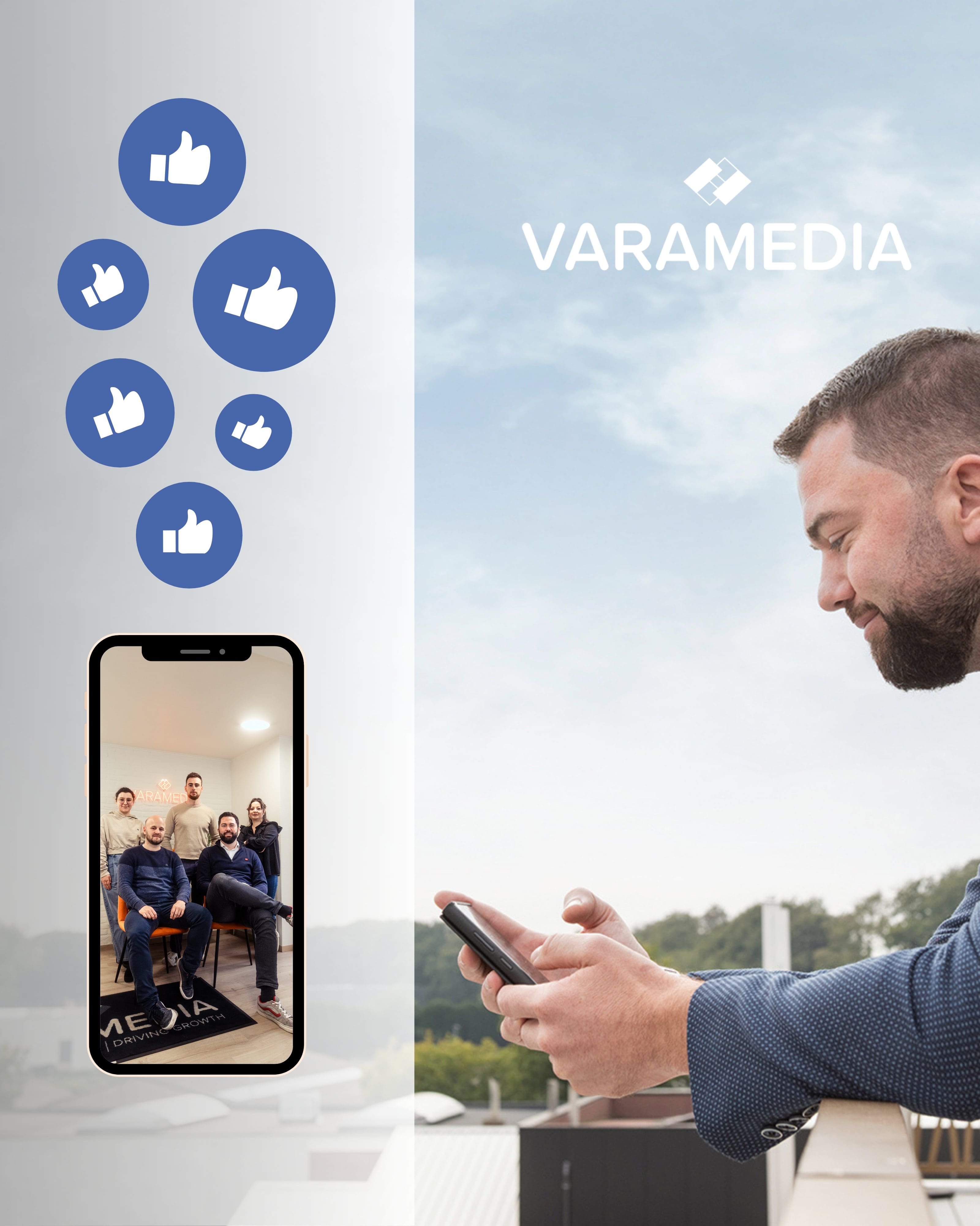 Man bekijkt smartphone met Facebook likes en Varamedia logo