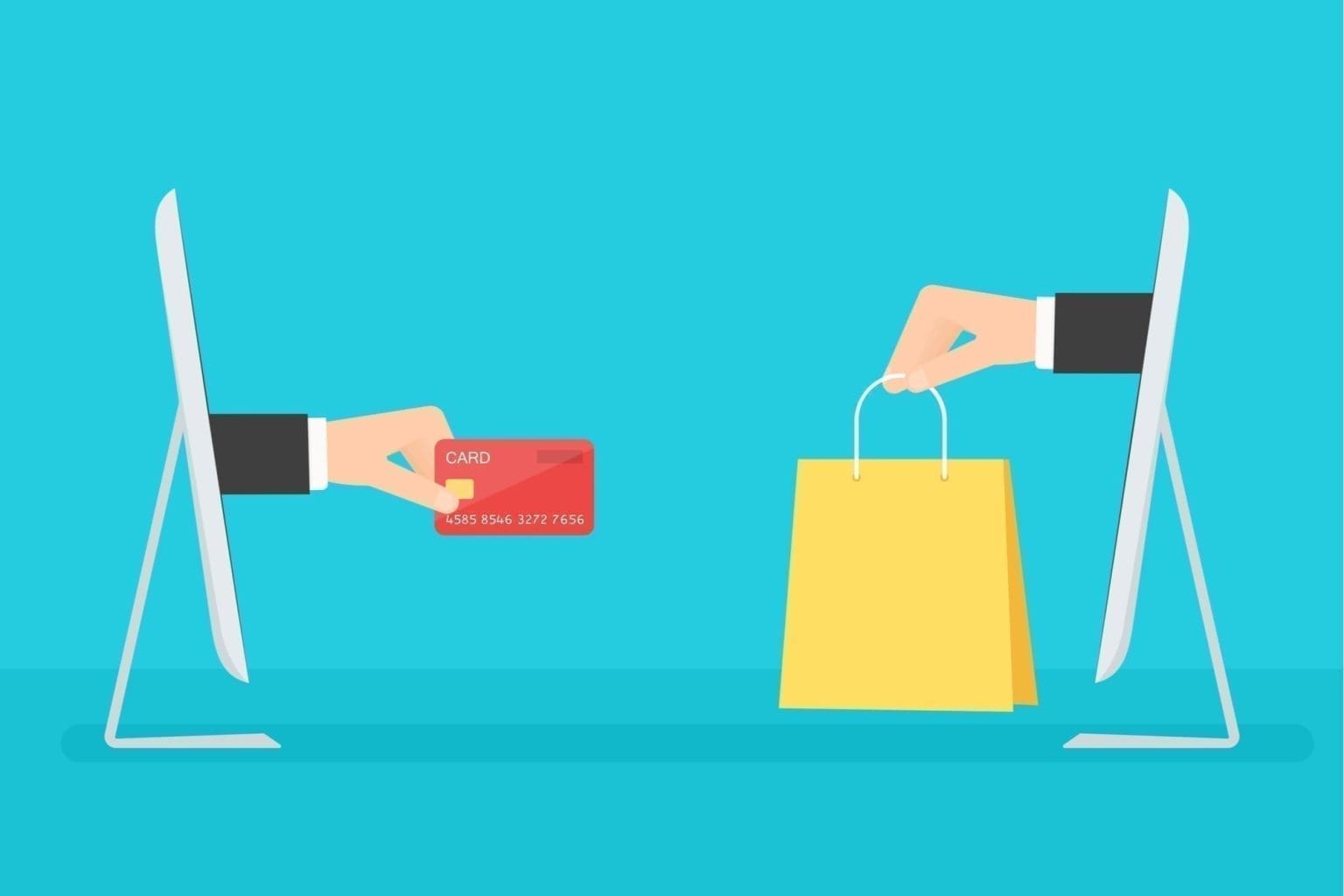 Twee handen wisselen creditcard en boodschappentas uit via computerschermen