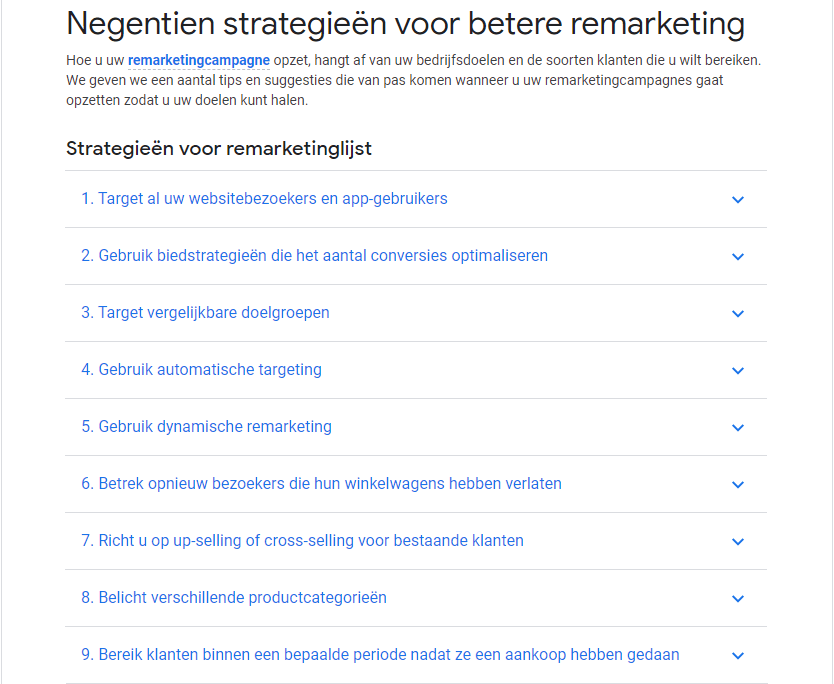 Lijst met negentien strategieën voor betere remarketing in Google Ads