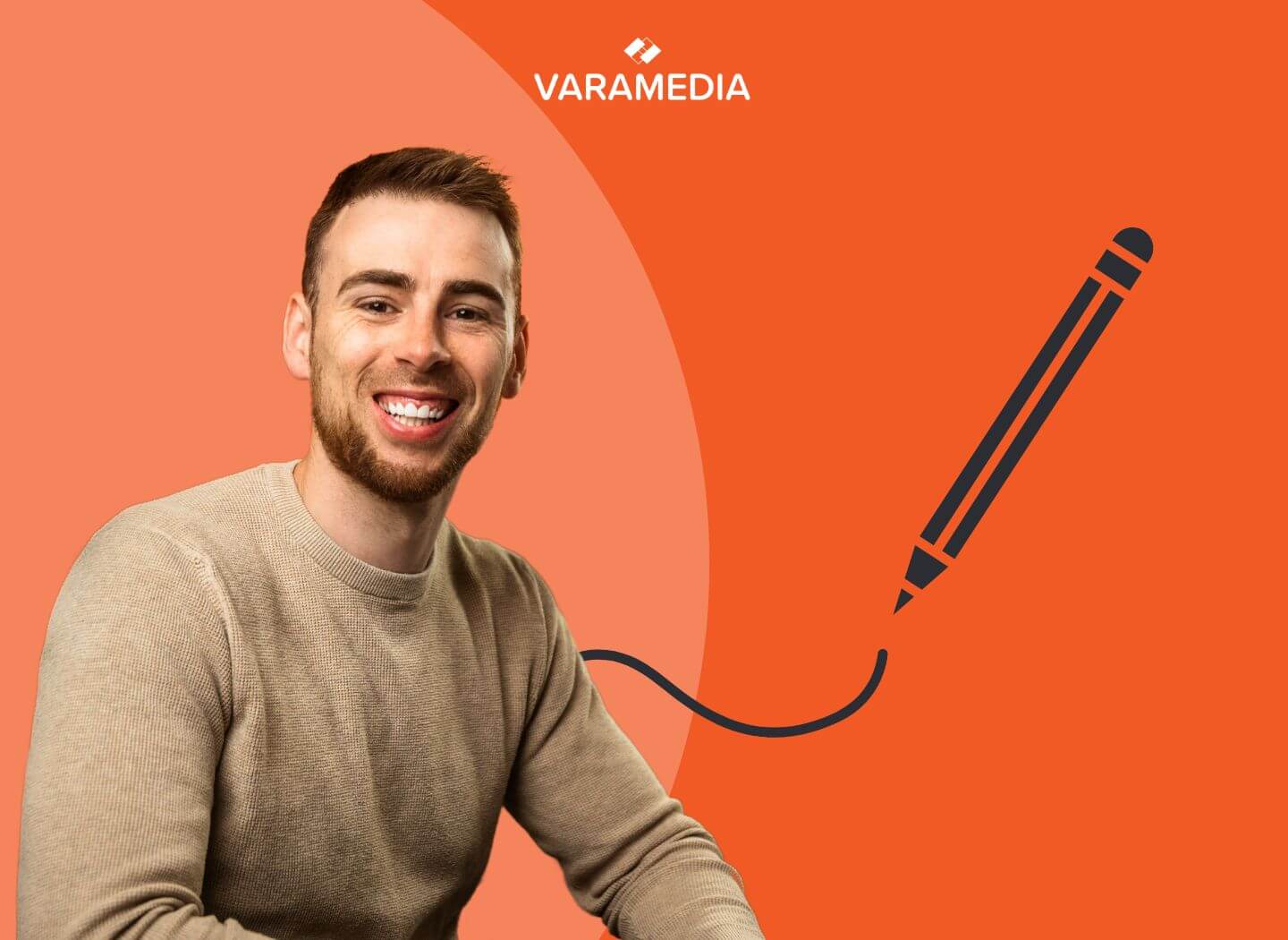 Lachende man met potloodillustratie op oranje achtergrond met Varamedia-logo