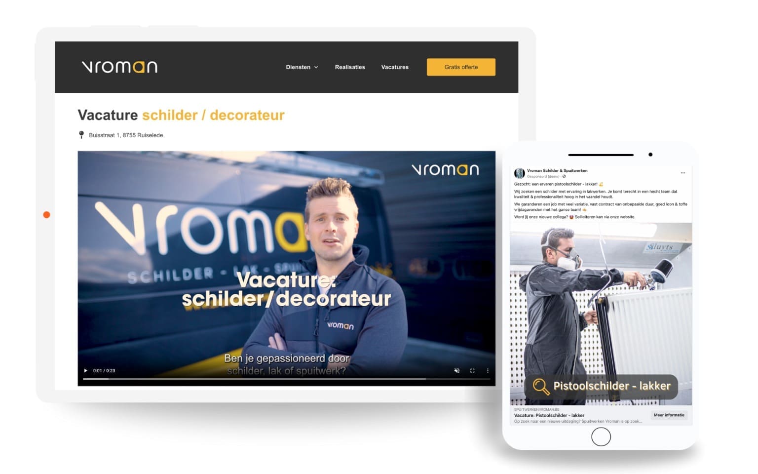 Vroman vacature schilder decorateur op desktop en mobiel scherm