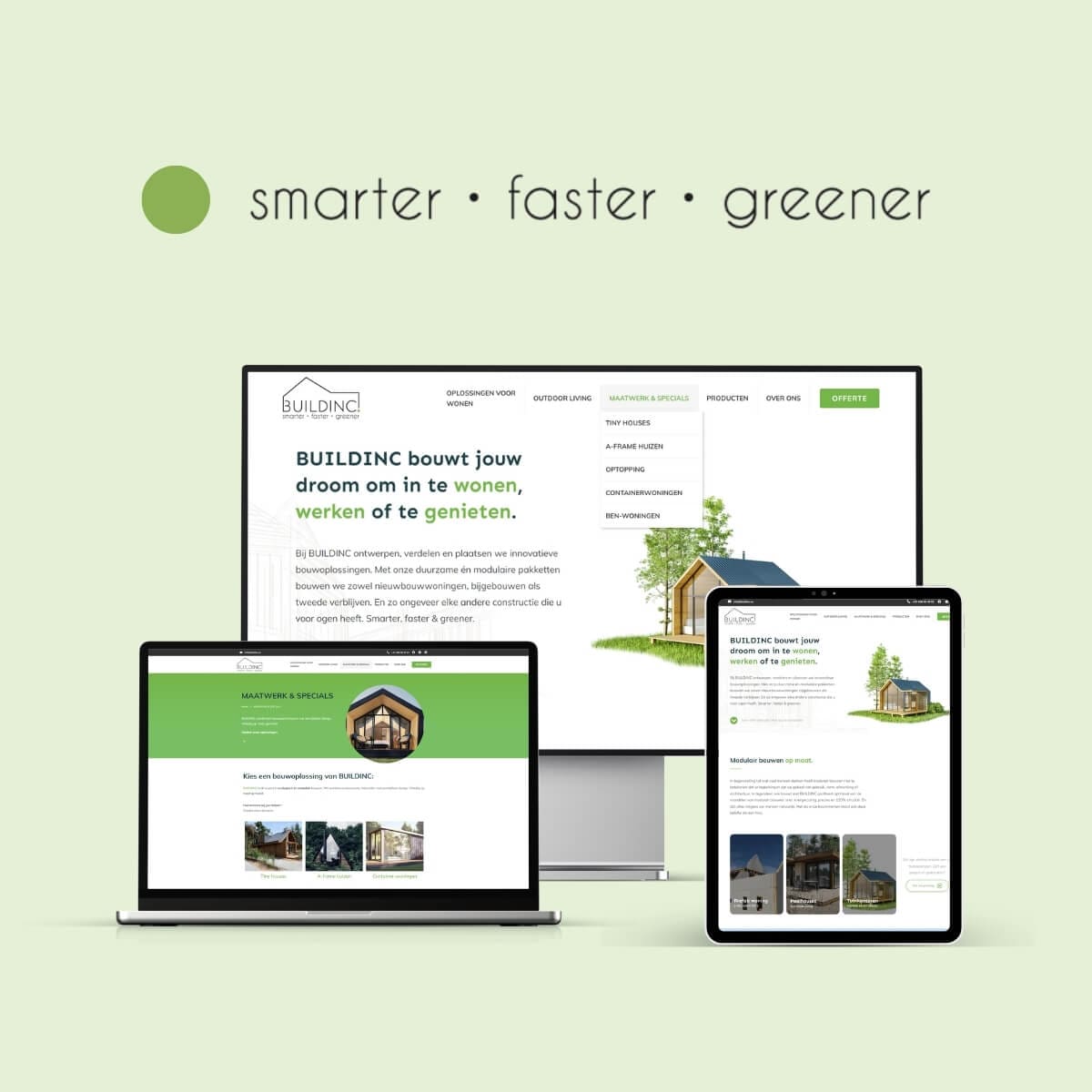 Buildinc website mockup op desktop, laptop en tablet weergegeven