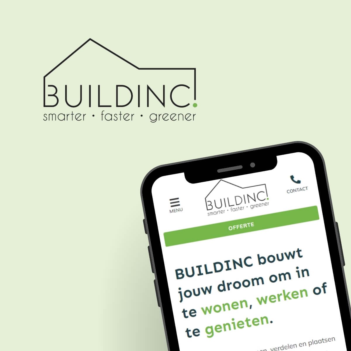 Buildinc logo en smartphone met de Buildinc website op een lichtgroene achtergrond
