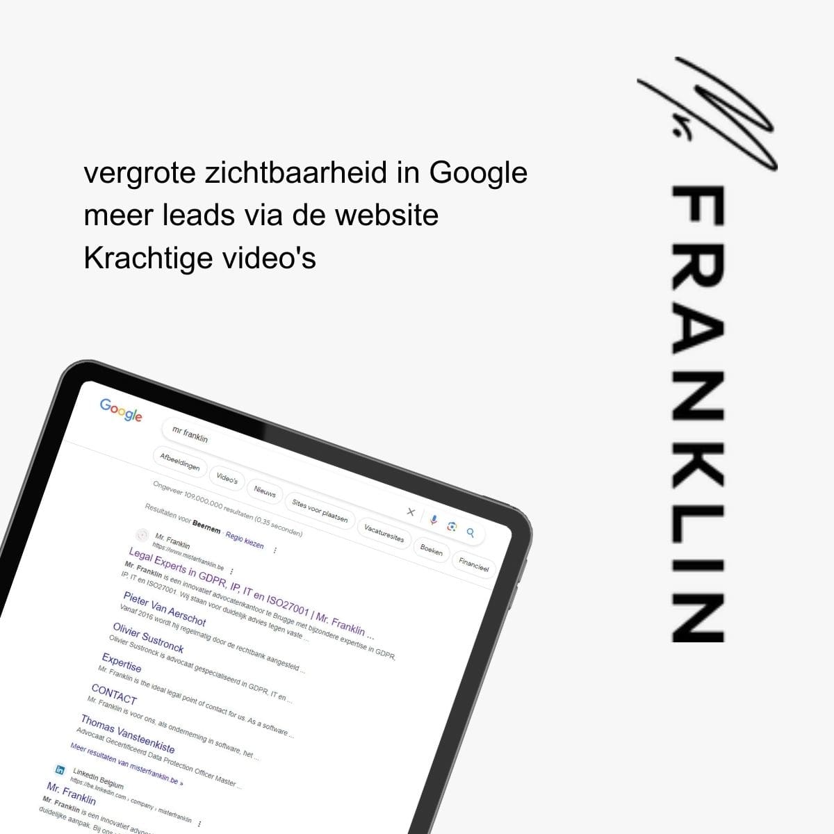 Tablet met Google zoekresultaten en tekst over zichtbaarheid en leads