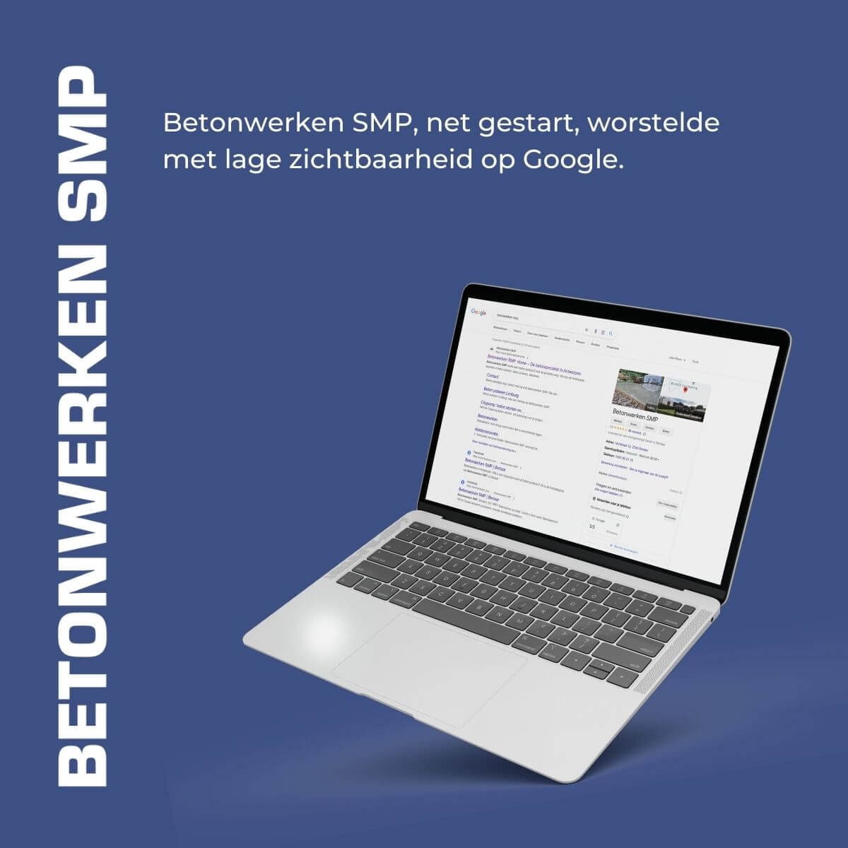 Laptop met Google zoekresultaten voor case study Betonwerken SMP