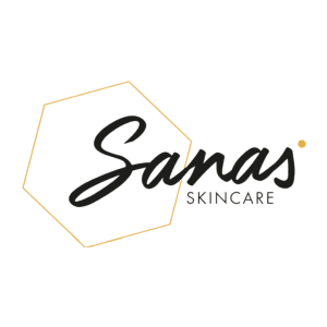 Logo van Sanas Skincare met gouden hexagon en zwart schrift