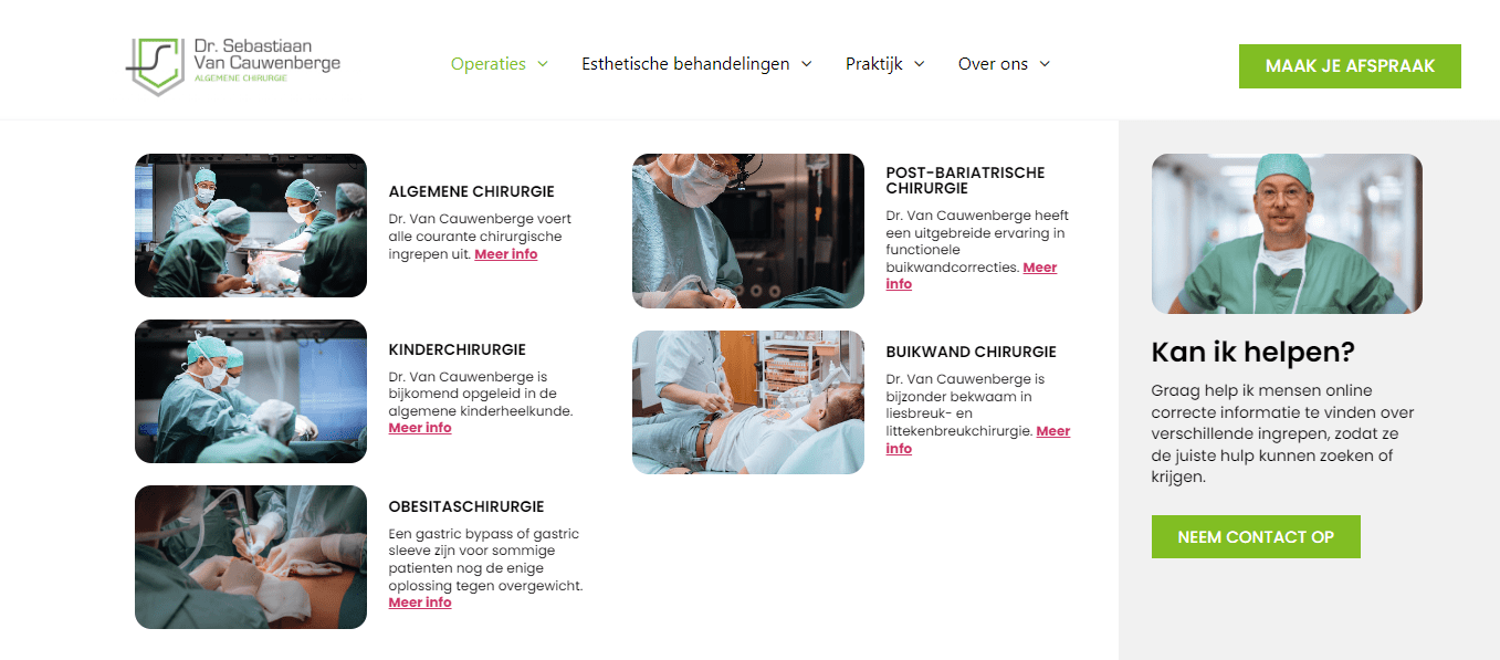 Overzichtspagina behandelingen Dr. Van Cauwenberge met chirurgische foto's