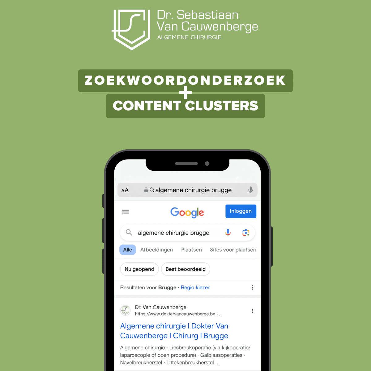 Smartphone met Google-zoekresultaat voor Dr. Van Cauwenberge algemene chirurgie Brugge