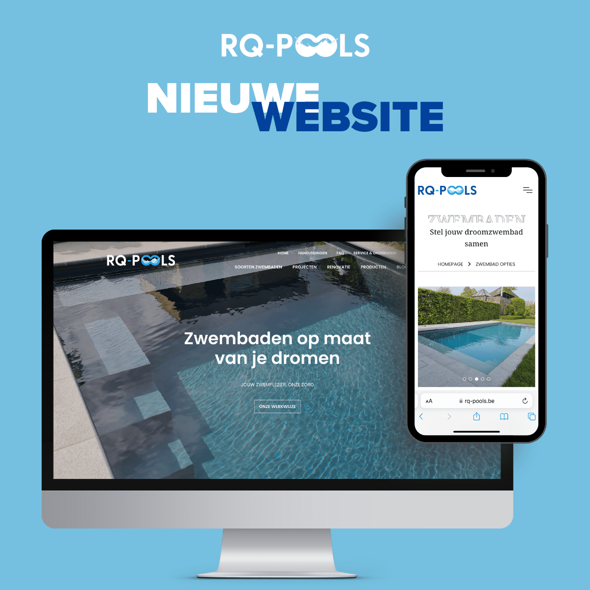 Nieuwe website RQ Pools op desktop en smartphone weergegeven