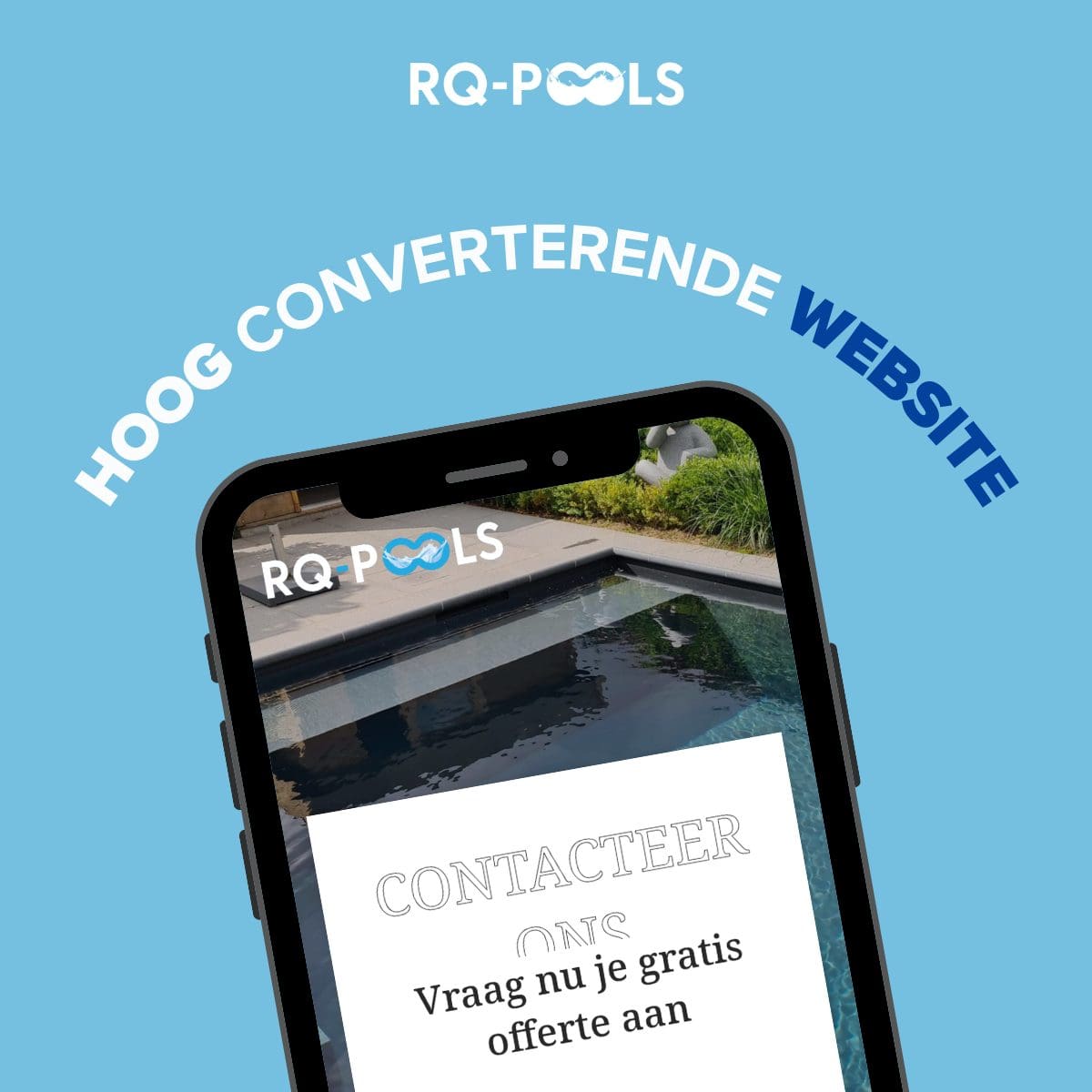 Smartphone met RQ Pools website en tekst hoog converterende website