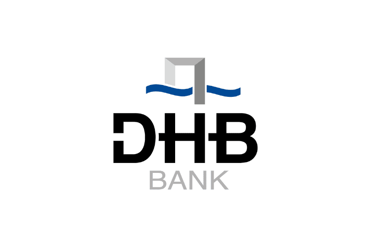 Logo van DHB Bank met grijs gebouw icoon en blauwe golflijnen