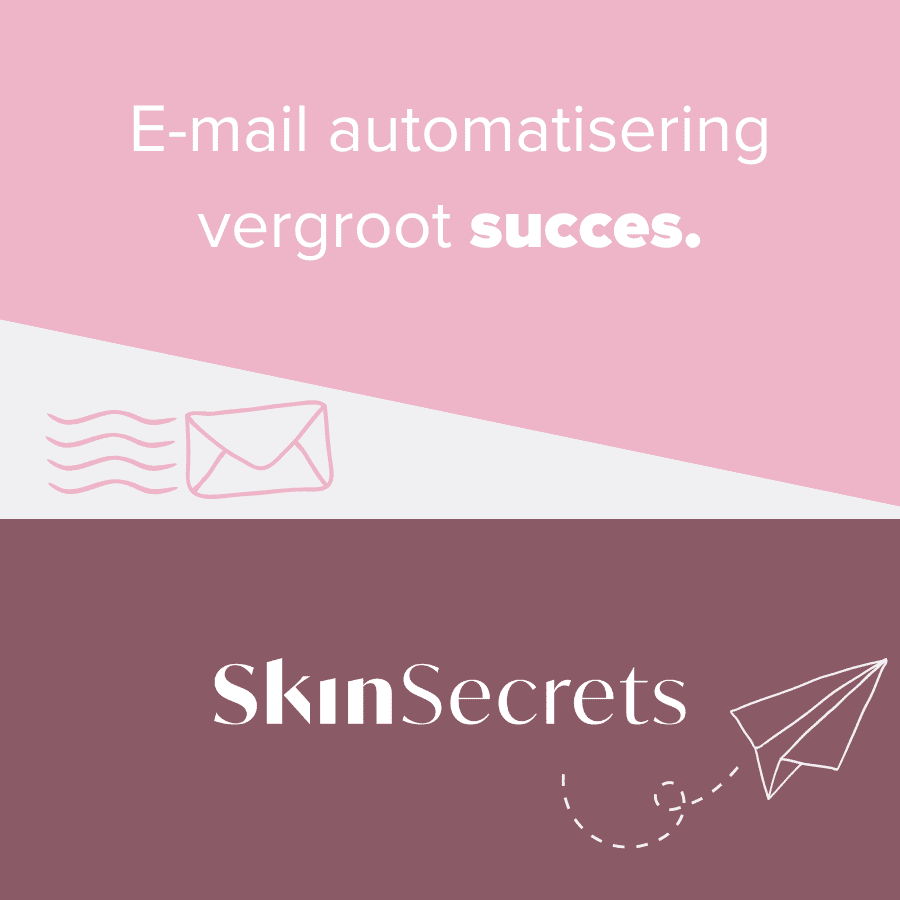 SkinSecrets advertentie over e-mail automatisering met papieren vliegtuig icoon