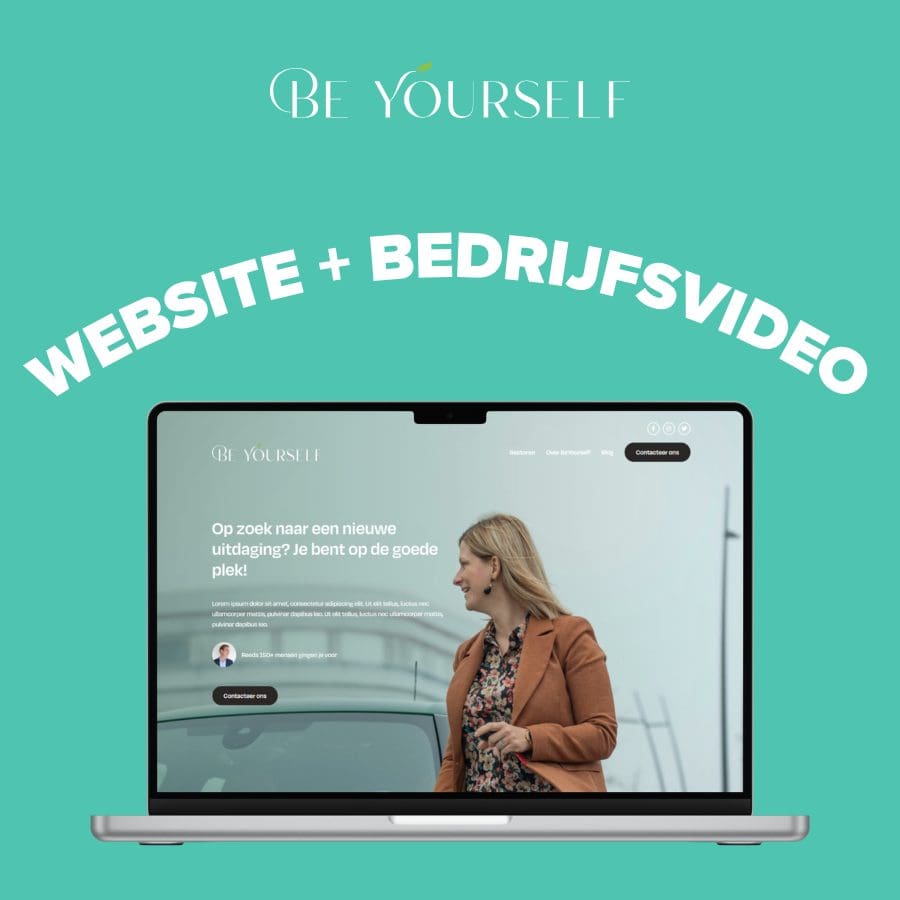 Laptop met Be Yourself website en tekst "Website + Bedrijfsvideo