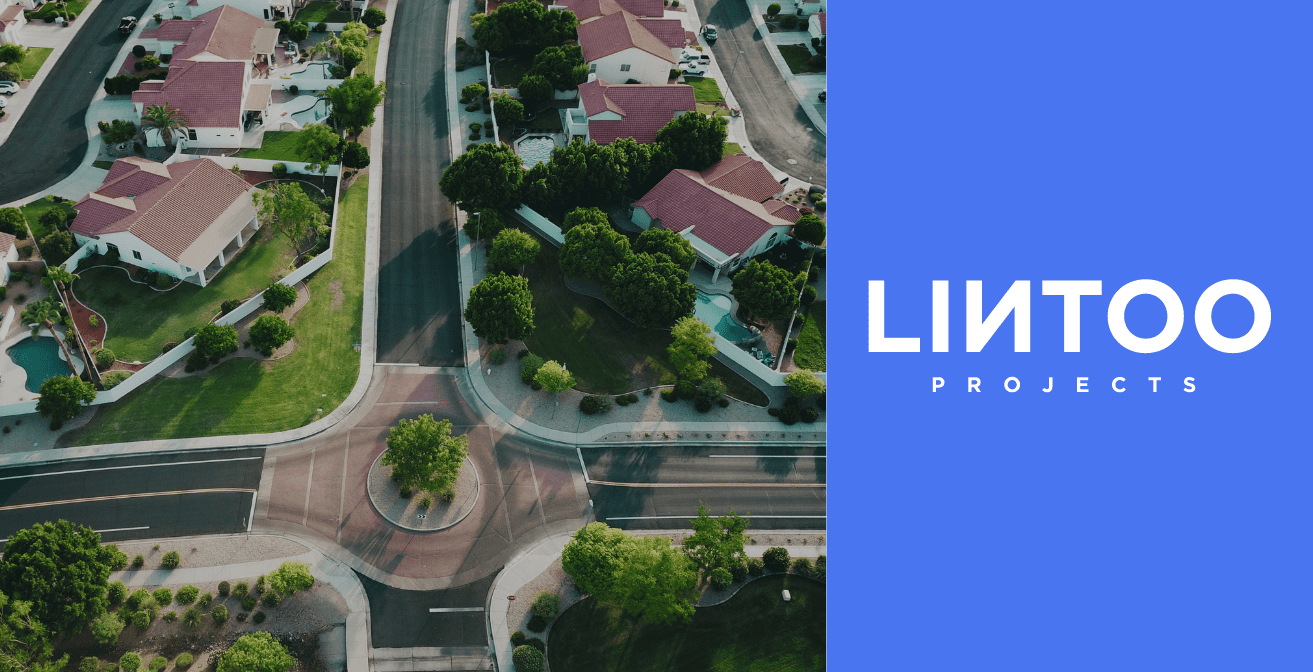 Luchtfoto van woonwijk met logo Lintoo Projects