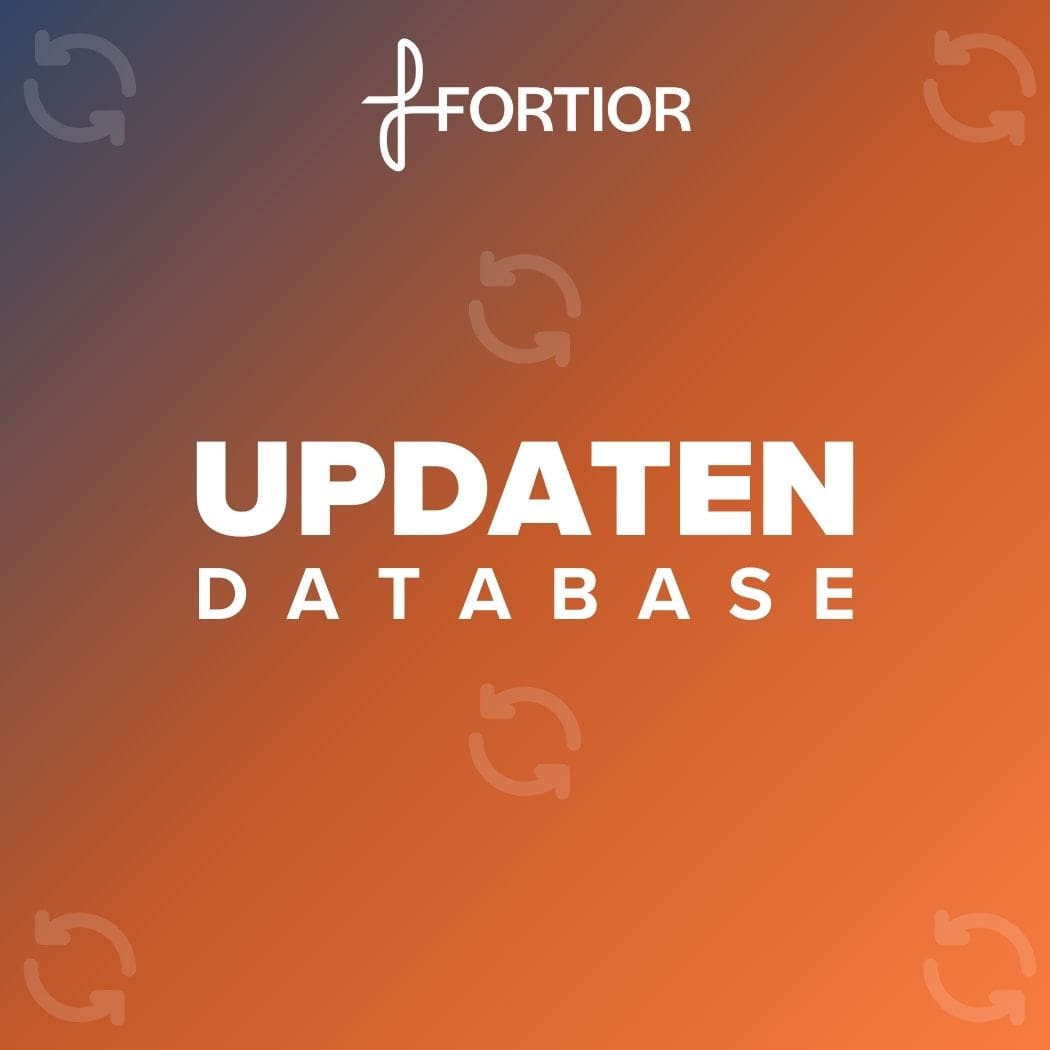 Fortior logo met tekst "Updaten Database" op oranje achtergrond