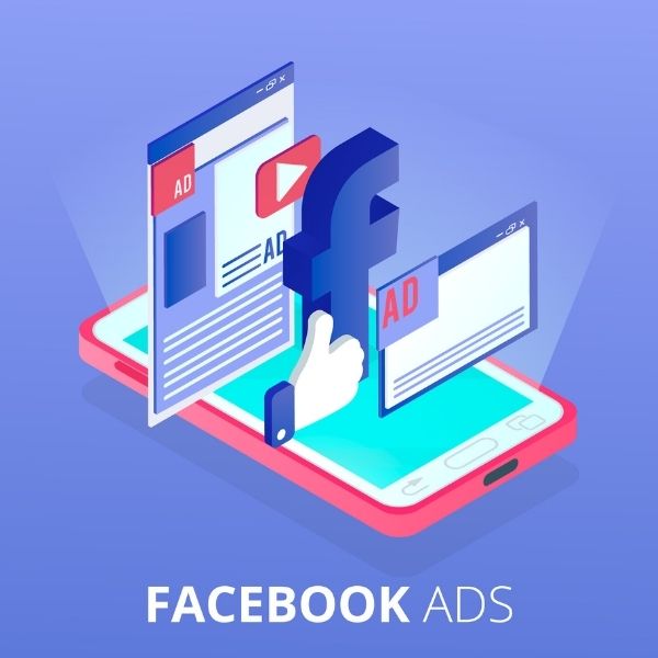 Isometrische illustratie van Facebook Ads met smartphone en advertentie-elementen