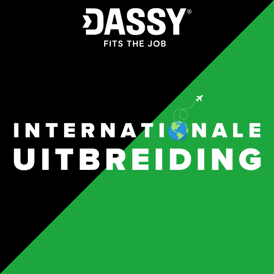 Dassy logo met tekst Internationale Uitbreiding op zwart-groen vlak