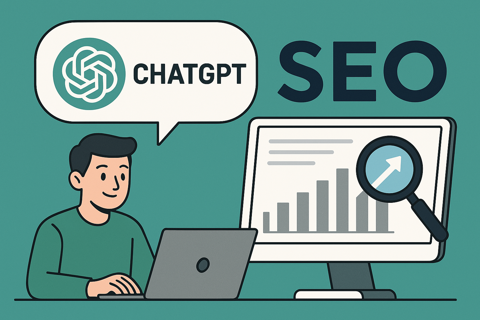 Illustratie van persoon achter laptop met ChatGPT en SEO iconen