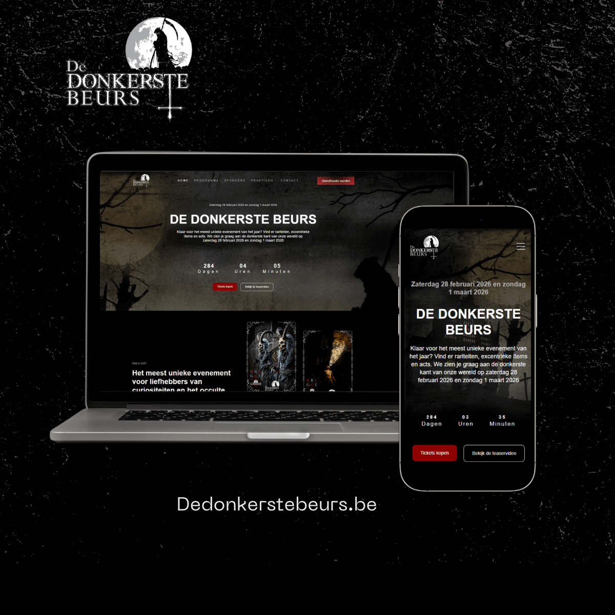 Laptop en smartphone tonen de donkere website van De Donkerste Beurs