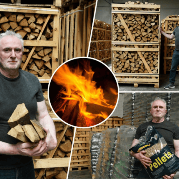 Man met brandhout en pellets voor houten pallets bij Woodcom