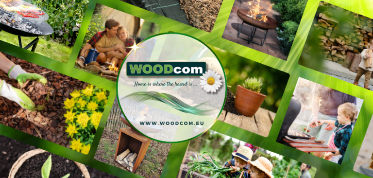 Woodcom collage met tuinproducten, natuur en mensen in de tuin