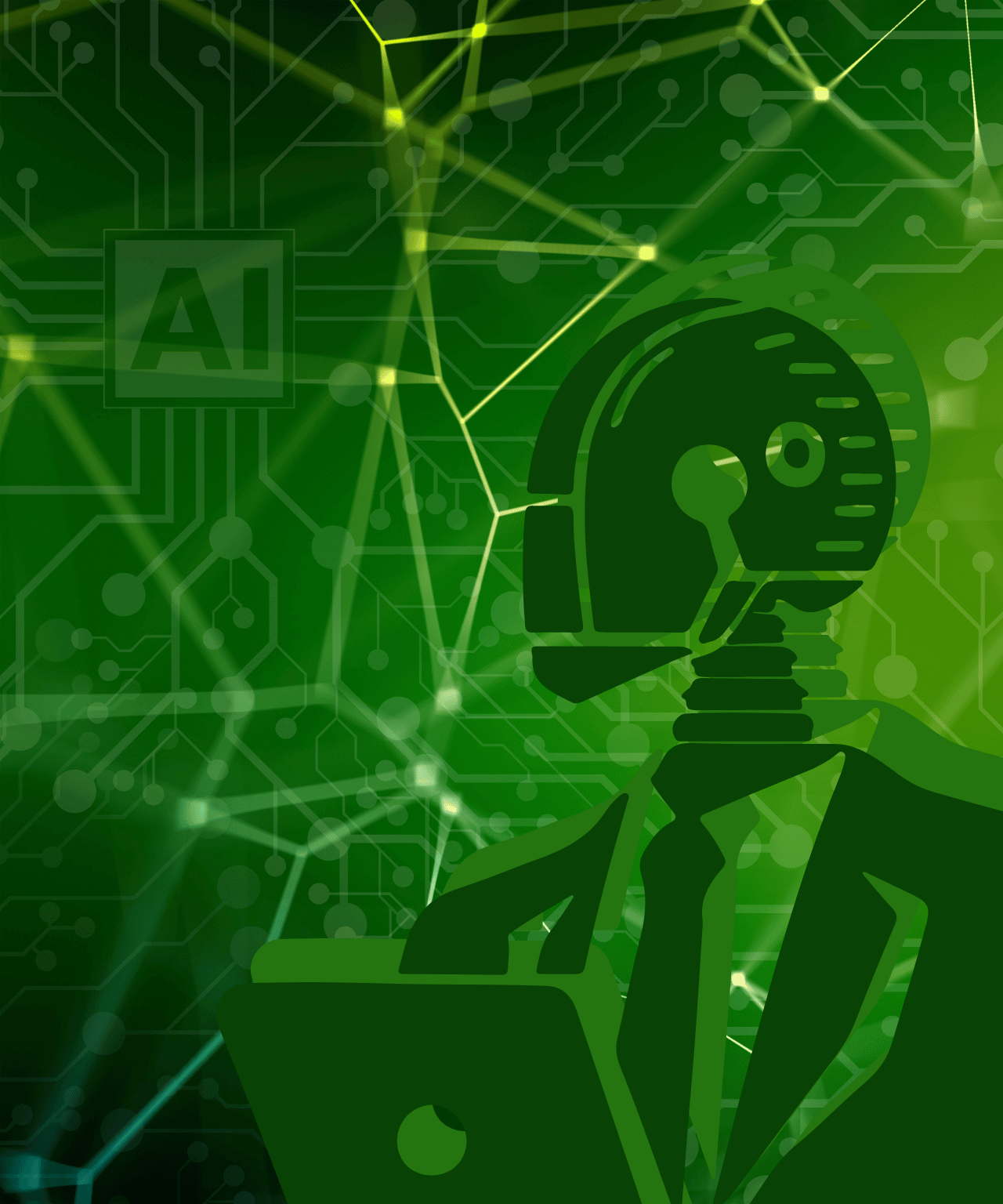 AI marketing grafiek met gestileerd persoon achter een laptop en circuit-achtige achtergrond die kunstmatige intelligentie concepten uitbeeldt | Varamedia