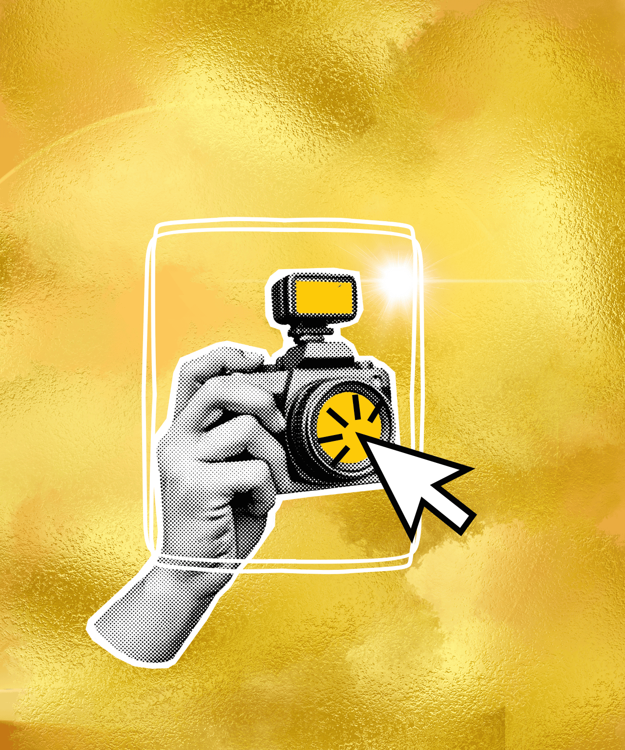 Hand houdt camera vast met cursor die erop klikt, gouden achtergrond