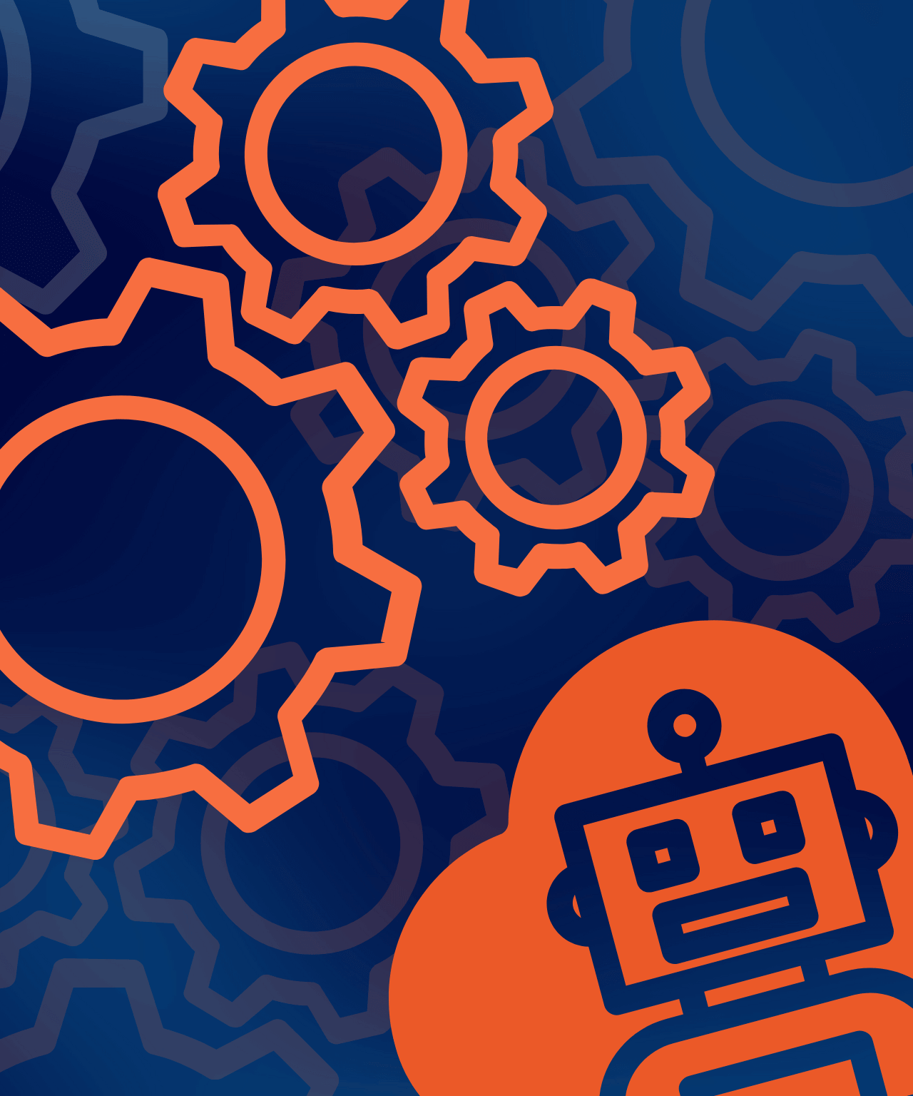 Oranje robot met tandwielen op donkerblauwe achtergrond