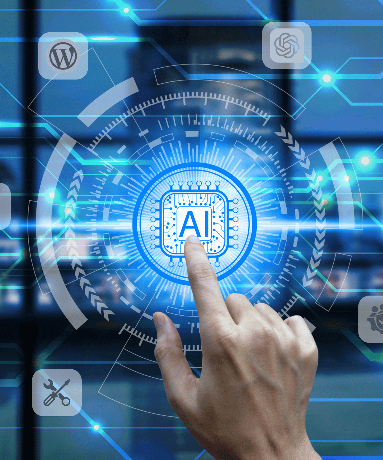 Vinger wijst naar gloeiend AI-chip icoon met digitale interface