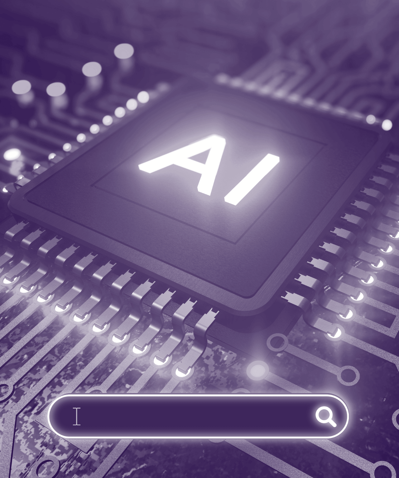 Paarse computerchip met AI-tekst en zoekbalk op printplaat