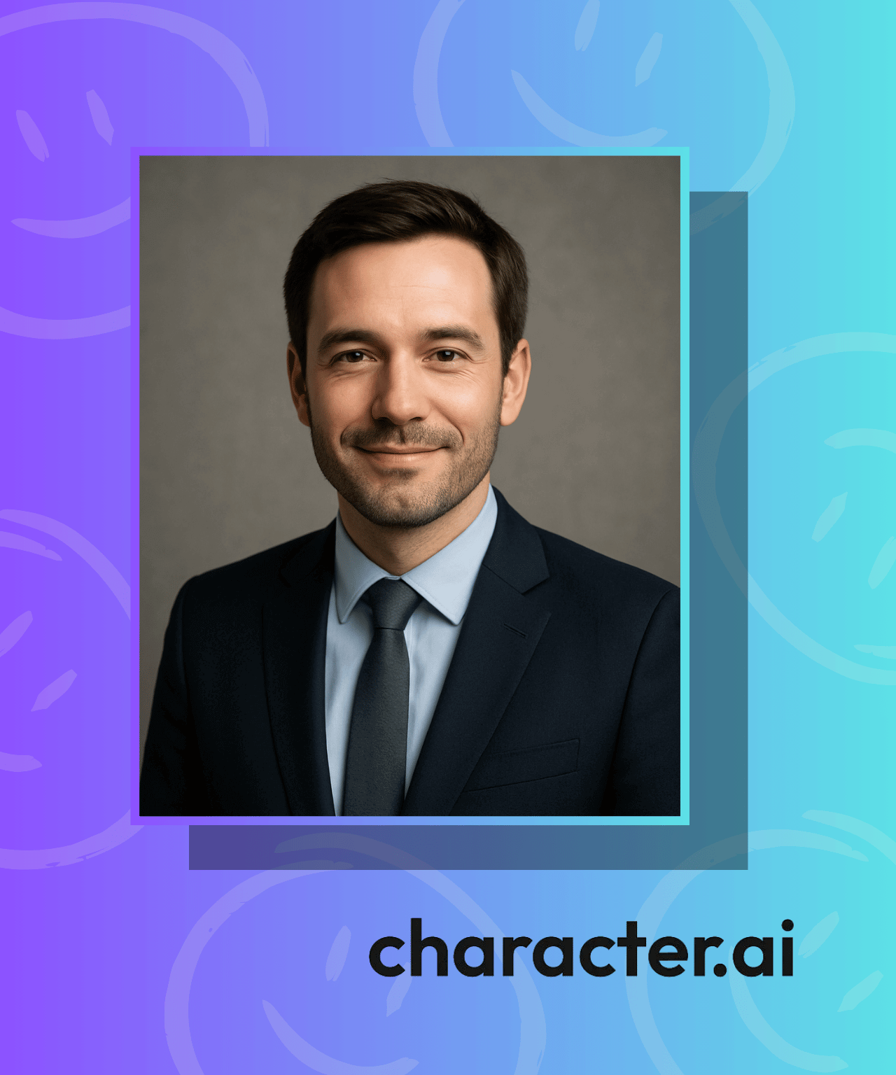 Portretfoto van een man in pak met das, Character.ai logo