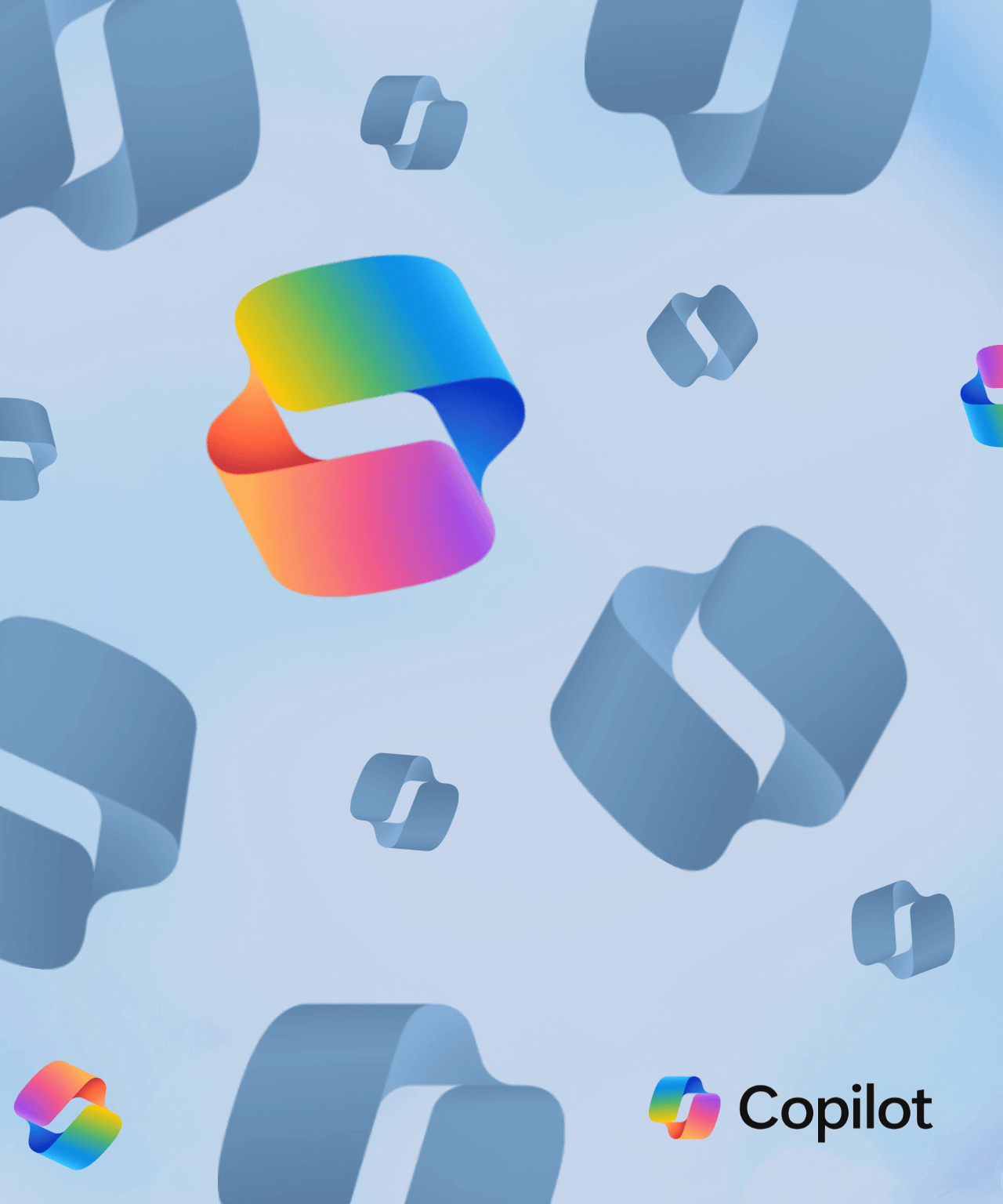 Kleurrijk Microsoft Copilot-logo omringd door blauwe Copilot-iconen
