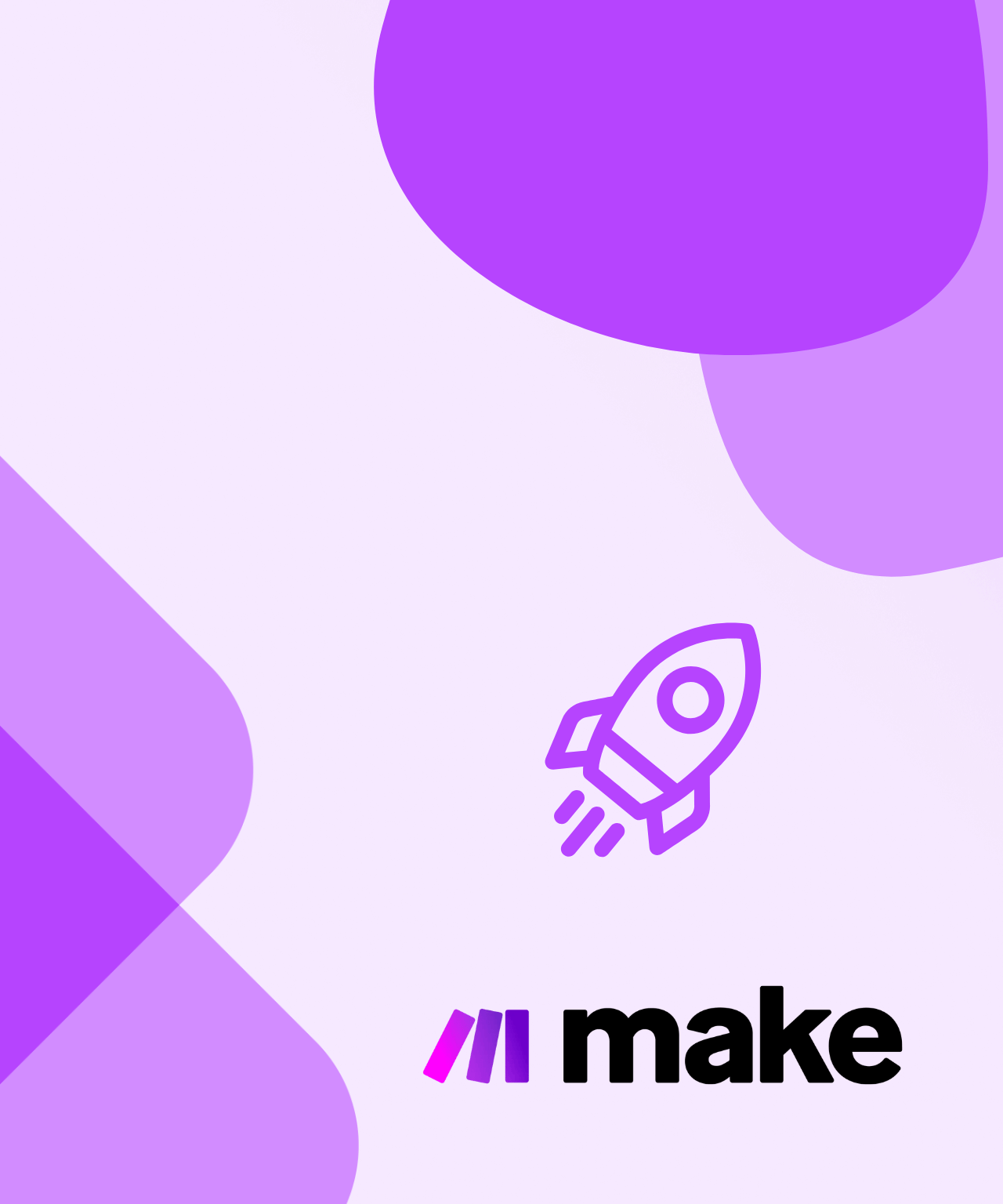 Paars raketpictogram met Make.com-logo op lichtroze achtergrond