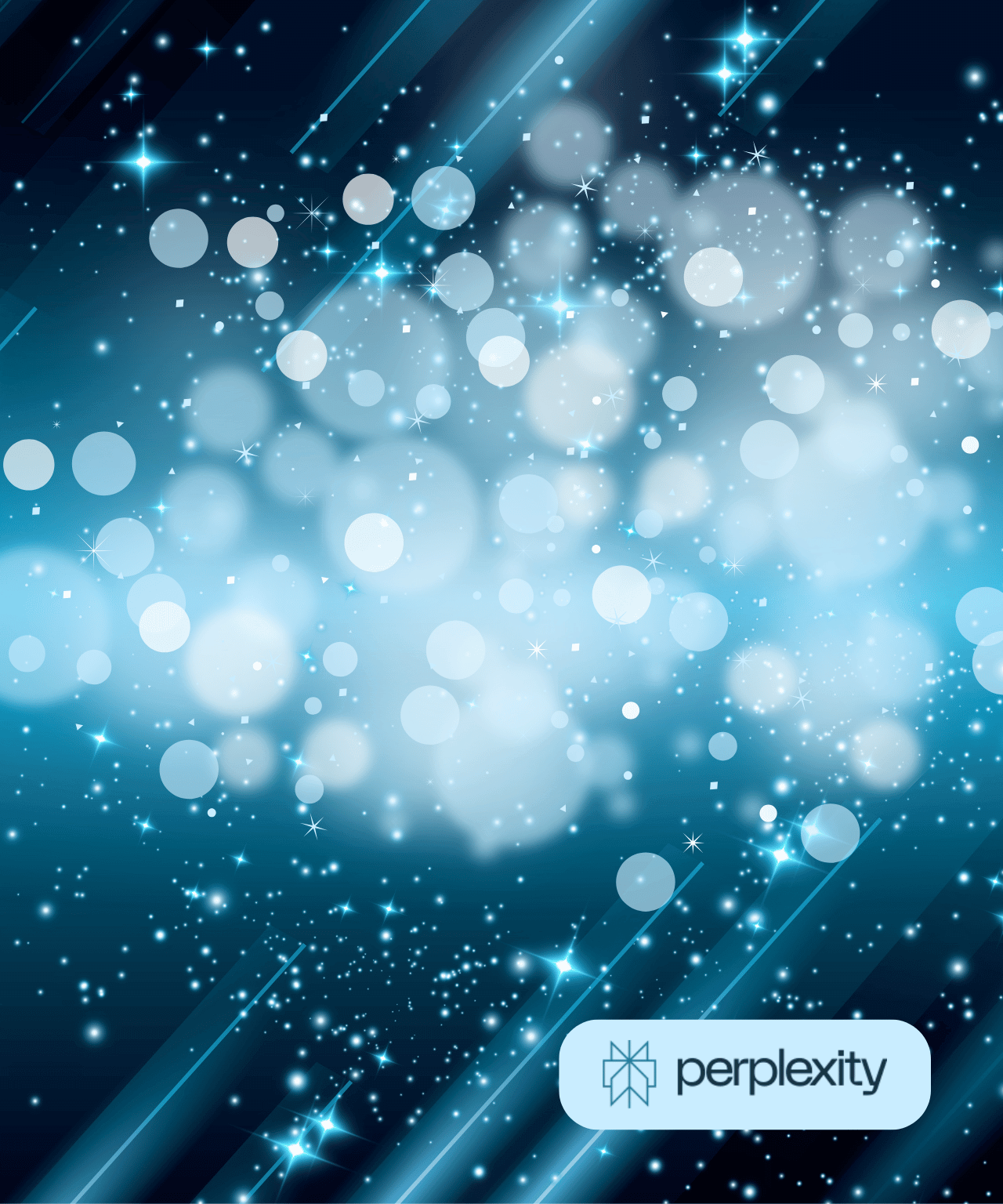 Perplexity logo op blauwe achtergrond met lichtgevende bokeh en sterren
