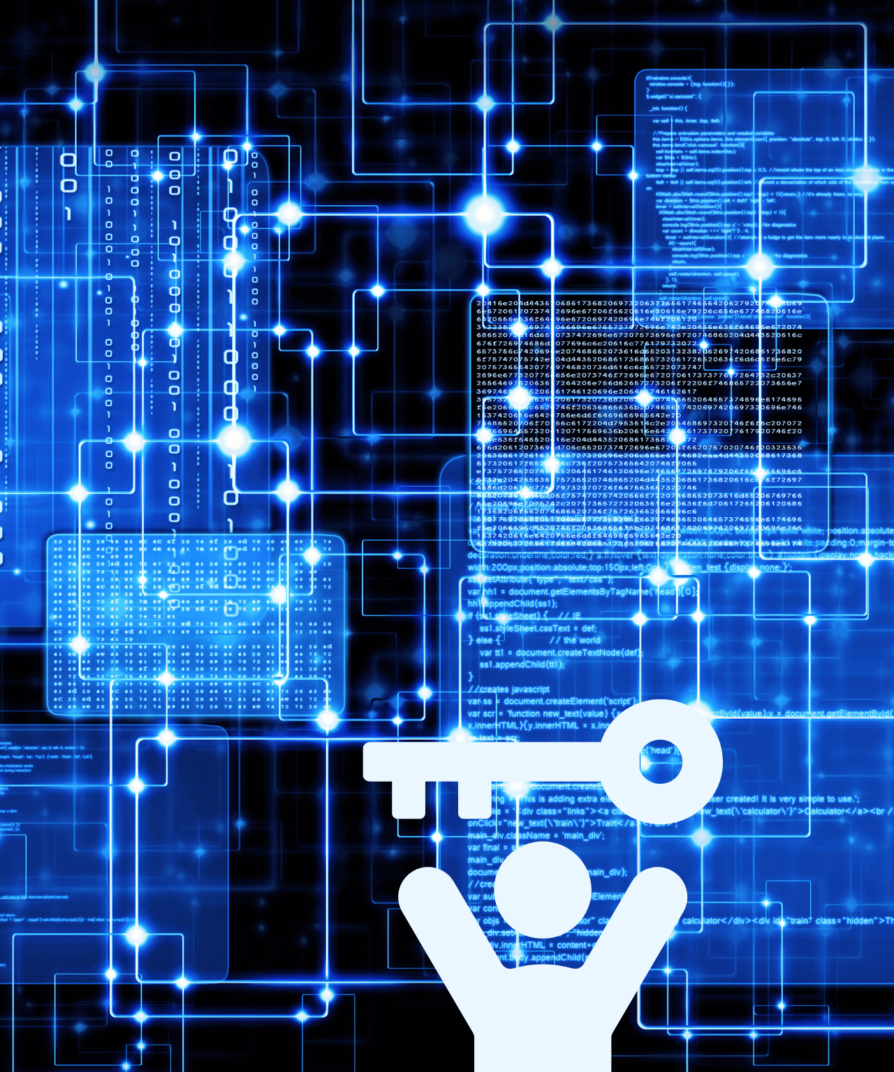 Wit icoontje houdt sleutel omhoog voor blauw digitaal netwerk